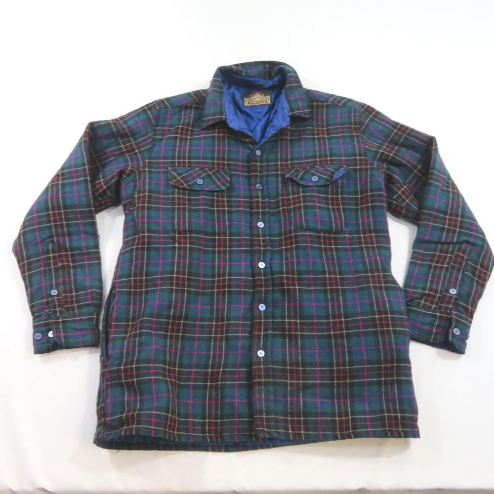 Greatland Sportswear Insulated Flannel Shirt Jacket, Green Blue Plaid Sz M 1990s